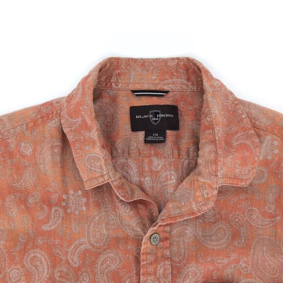 Black Brown 1826 Mens Orange Paisley Button Down Short Sleeve Shirt -Size L -GUC - Picture 3 of 12